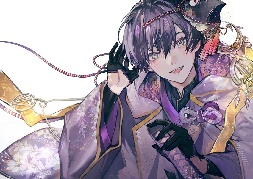 1boy, absurdres, arm_up, black_gloves, gloves, hair_between_eyes, half_gloves, hand_on_hilt