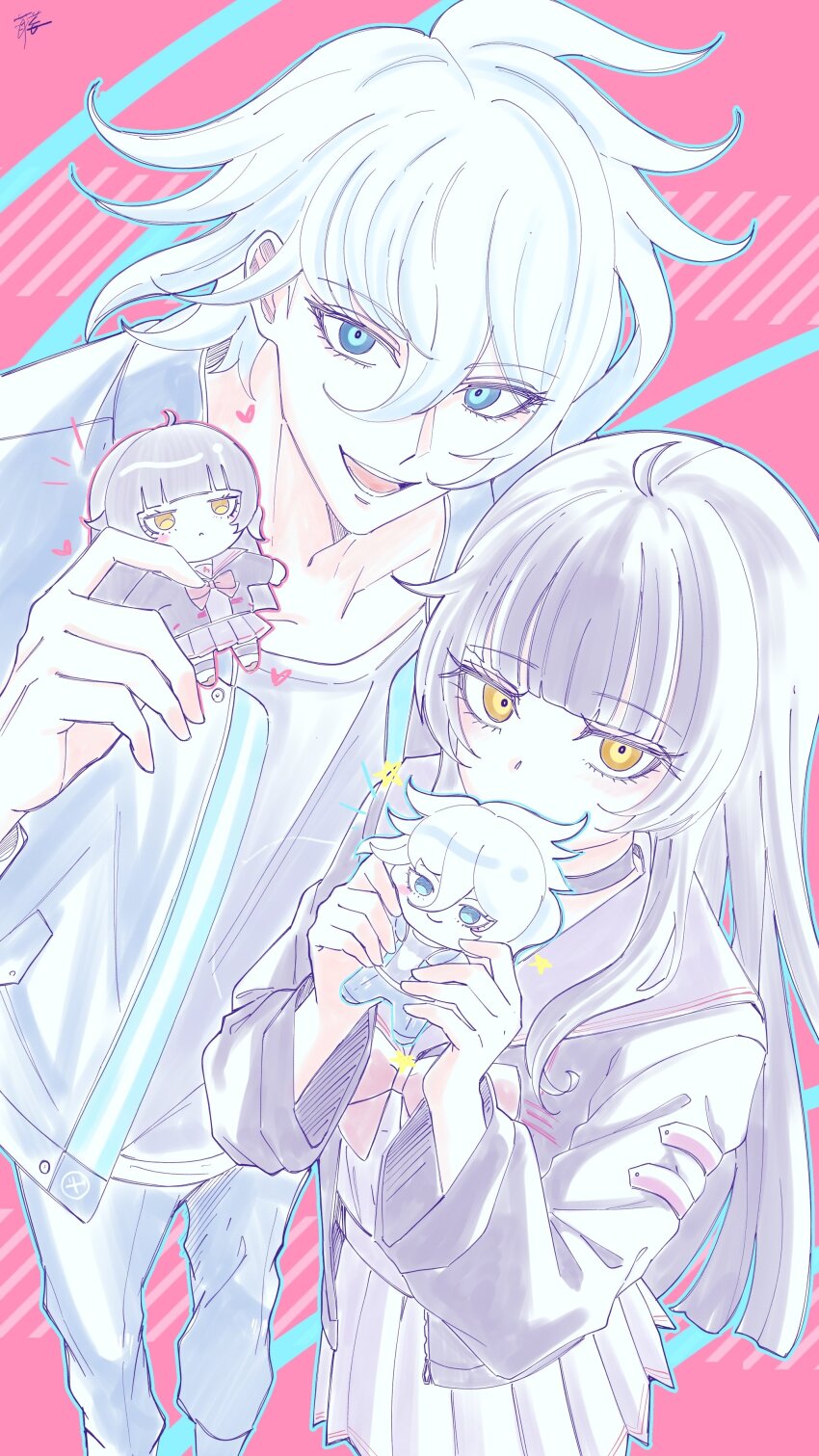 1boy, 1girl, absurdres, ahoge, blue_eyes, brown_hair, character_doll, choker