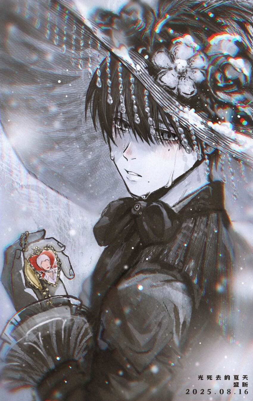 1boy, alternate_costume, ashengxin, black_eyes, black_hair, clothing_request, commentary_request, crying