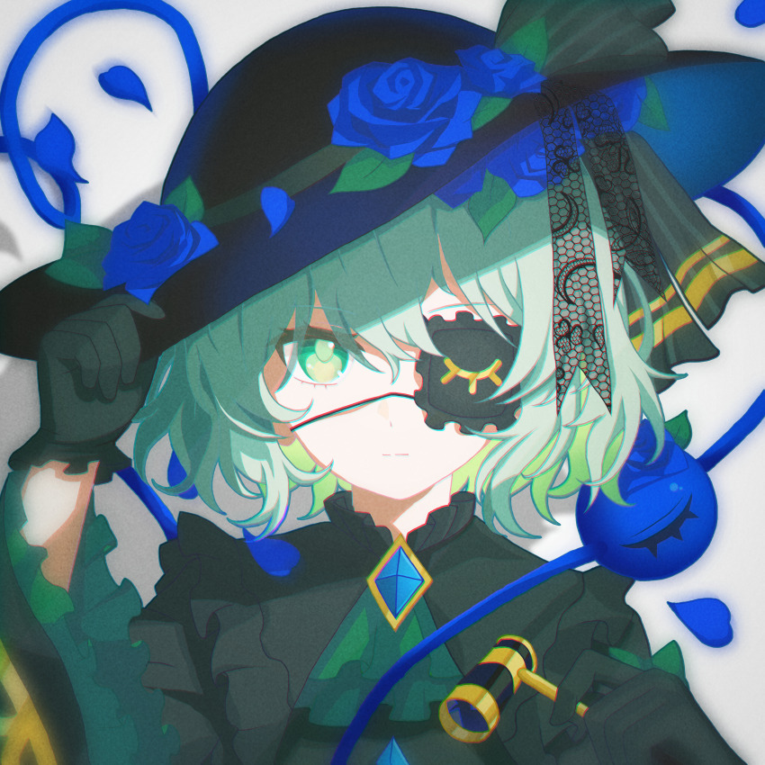 1girl, absurdres, alternate_costume, ascot, black_dress, black_gloves, black_hat, blue_flower
