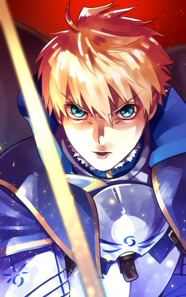 1boy, armor, arthur_pendragon_(fate), blonde_hair, blue_eyes, cape, excalibur_(fate/prototype), fate/prototype