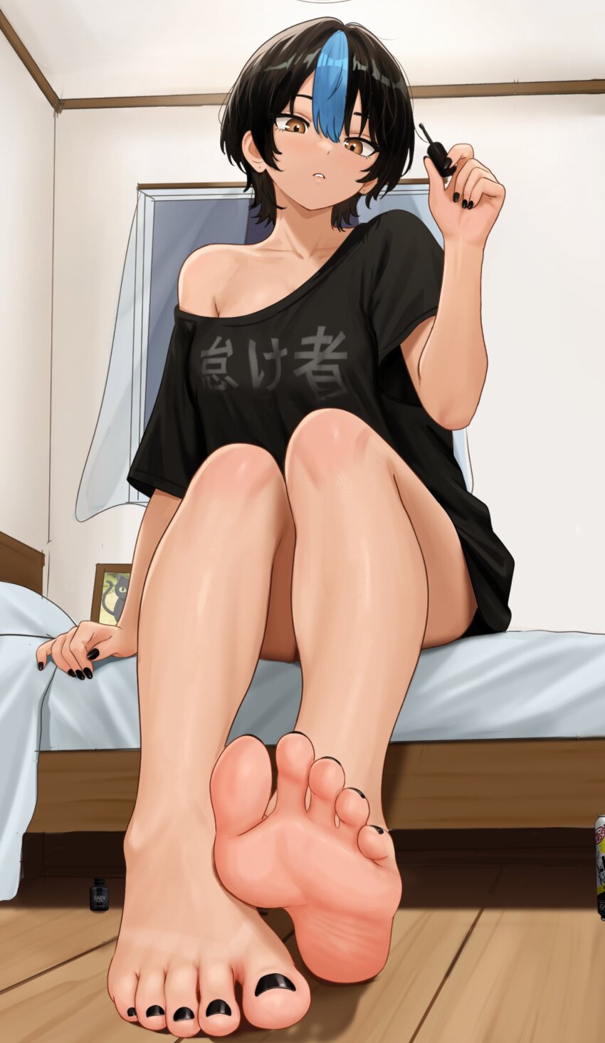 1girl, absurdres, applying_pedicure, bare_legs, barefoot, black_hair, black_nails, black_shirt, blue_hair, breasts, brown_eyes, collarbone, commentary, dress, english_commentary, feet, foot_focus, hair_between_eyes, highres, holding, holding_brush, indoors, legs, looking_at_viewer, medium_breasts, nail_polish, nail_polish_brush, nihu, off-shoulder_dress, off_shoulder, on_bed, original, parted_lips, shirt, short_hair, single_bare_shoulder, single_hair_streak, single_off_shoulder, sitting, soles, solo, toenail_polish, toenails, toes, window, wooden_floor