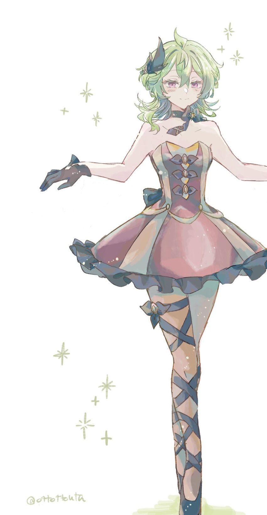 1girl, artist_name, ballerina, ballet_dress, ballet_slippers, bare_arms, bare_shoulders, black_choker, black_gloves, black_slippers, breasts, brown_dress, brown_pantyhose, choker, closed_mouth, collei_(dodo_pizza)_(genshin_impact), collei_(genshin_impact), commentary, dress, feather_hair_ornament, feathers, frilled_dress, frills, full_body, genshin_impact, gloves, green_hair, hair_ornament, hands_up, highres, leg_ribbon, looking_at_viewer, medium_hair, official_alternate_costume, ottottouta, pantyhose, purple_eyes, ribbon, ribbon_choker, simple_background, sleeveless, sleeveless_dress, slippers, small_breasts, smile, solo, untranslatable_commentary, tiptoes, white_background