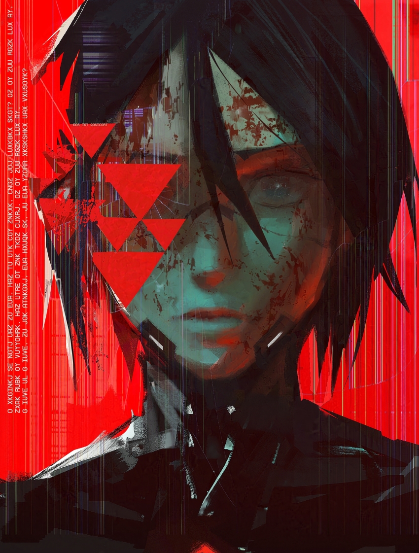 1girl, adversarial_noise, android, black_hair, broken_screen, corneal_scar, elster_(signalis), highres