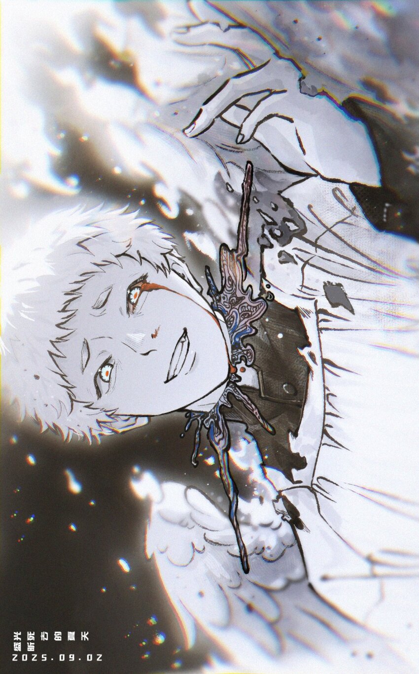 1boy, ashengxin, blood, bloody_tears, body_horror, commentary_request, decapitation, forced_smile