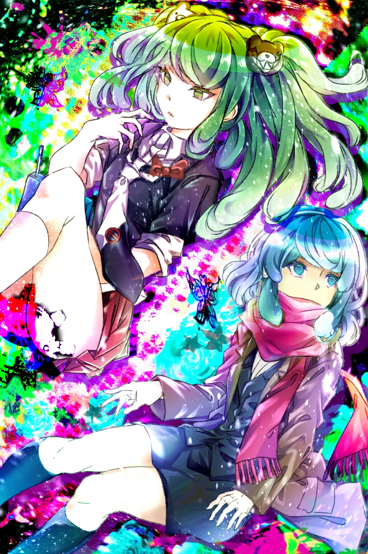 2girls, aqua_eyes, aqua_hair, bear_hair_ornament, black_jacket, black_shirt, black_skirt, black_socks