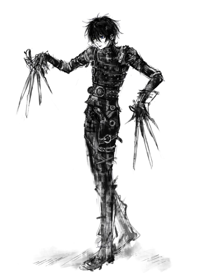 1boy, absurdres, blue_eyes, closed_mouth, cosplay, edward_scissorhands, edward_scissorhands_(character), edward_scissorhands_(character)_(cosplay)