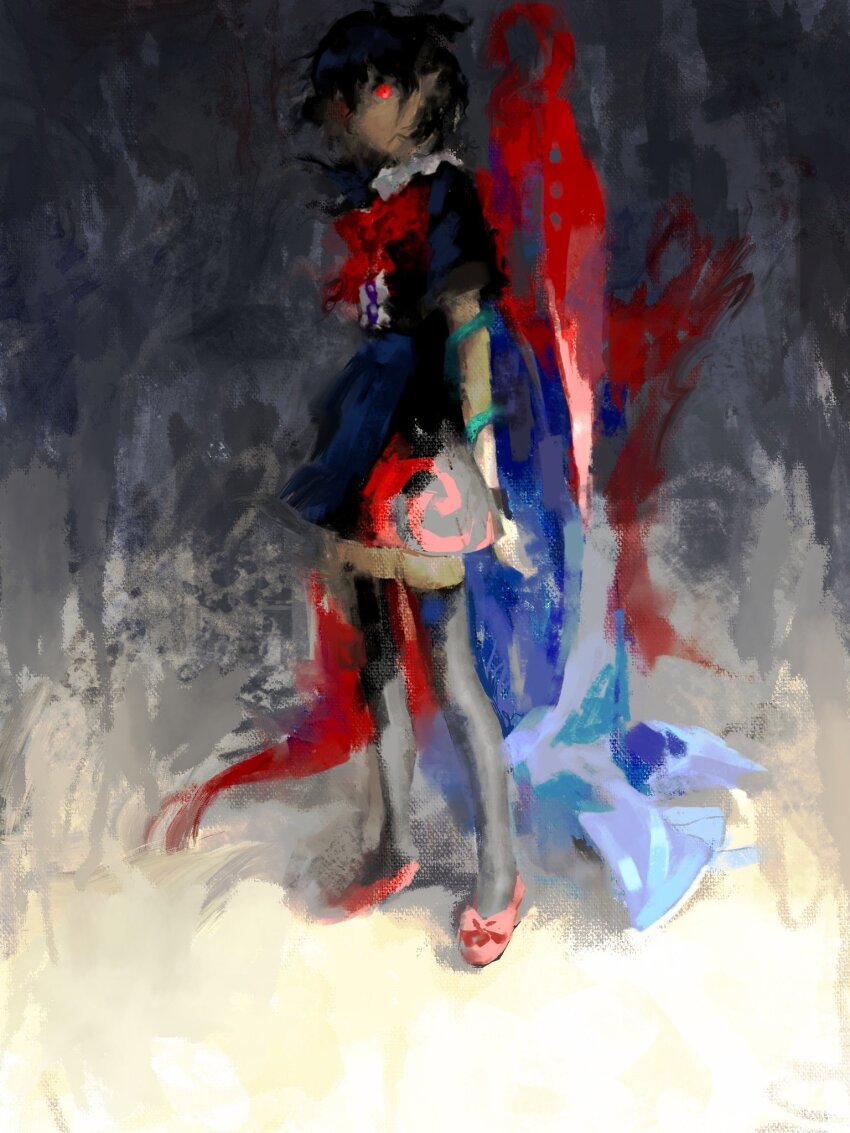 1girl, asymmetrical_wings, black_dress, black_hair, black_thighhighs, blue_wings, blurry, bow