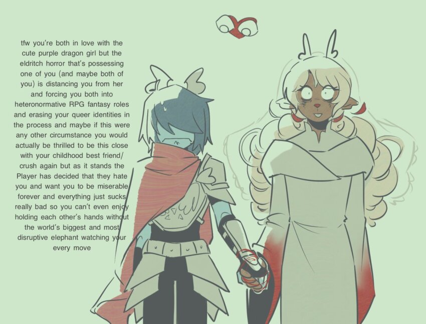 1girl, 1other, antlers, armor, black_unitard, blonde_hair, blue_hair, blue_skin