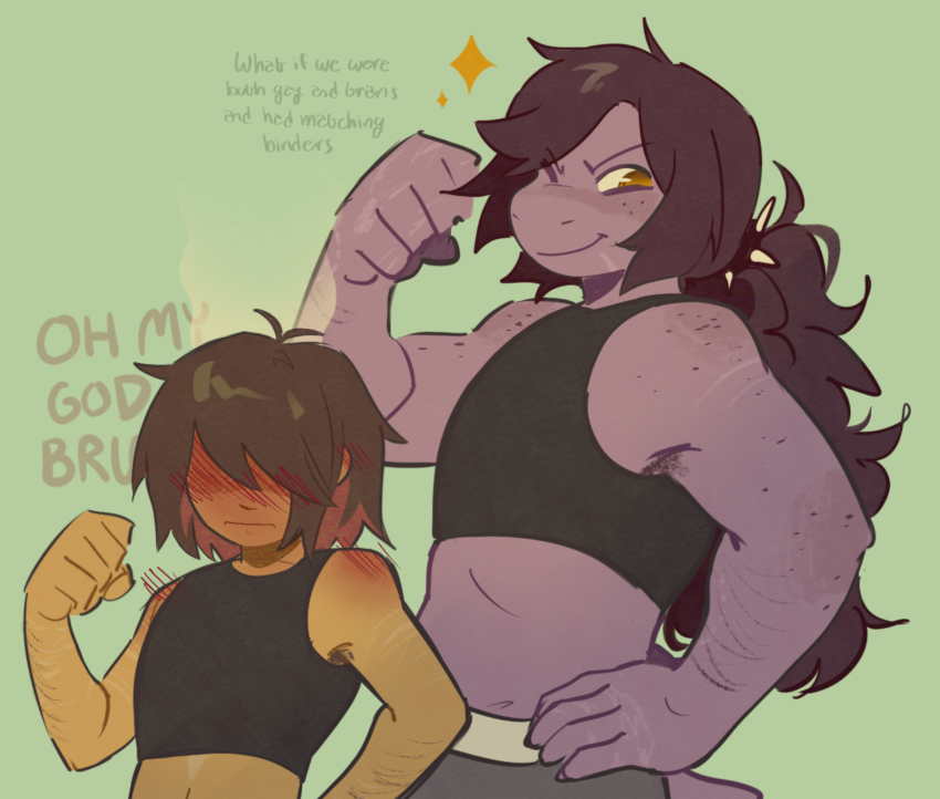 1girl, 1other, blush, cherriinie, chest_binder, commentary, deltarune, english_commentary