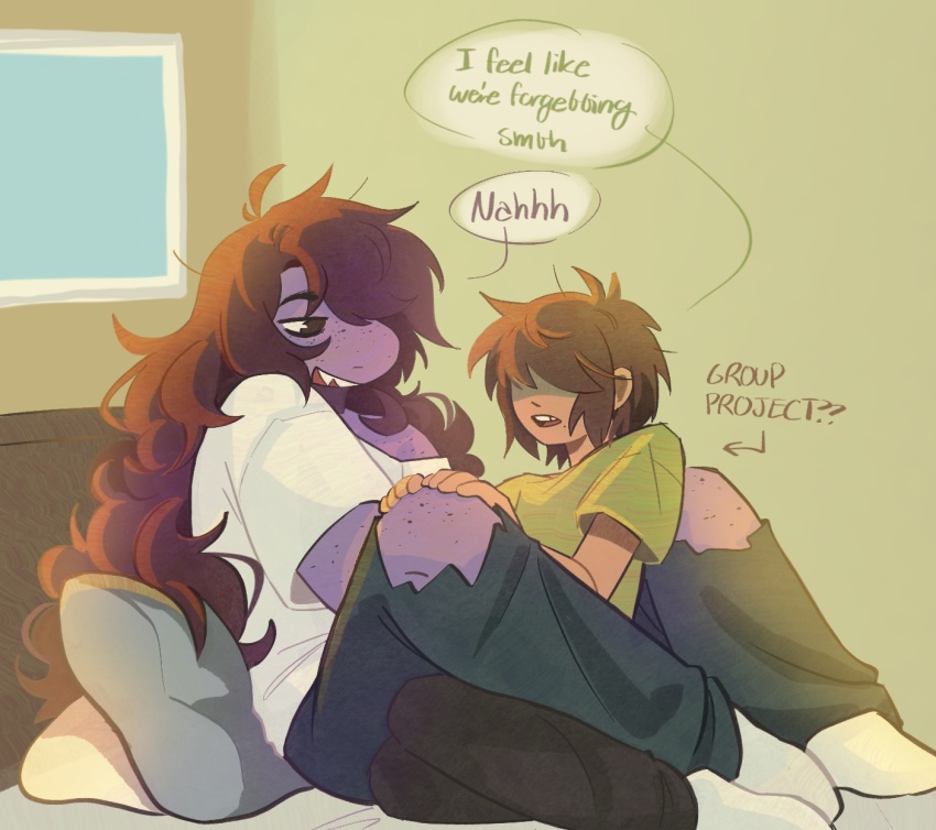 1girl, 1other, black_eyes, black_pants, brown_hair, cherriinie, commentary, cuddling, deltarune, english_commentary, english_text, green_shirt, highres, kris_(deltarune), long_hair, mole, mole_under_mouth, on_bed, pants, pillow, shirt, short_hair, susie_(deltarune), torn_clothes, torn_pants, utdr_(toby_fox), white_shirt