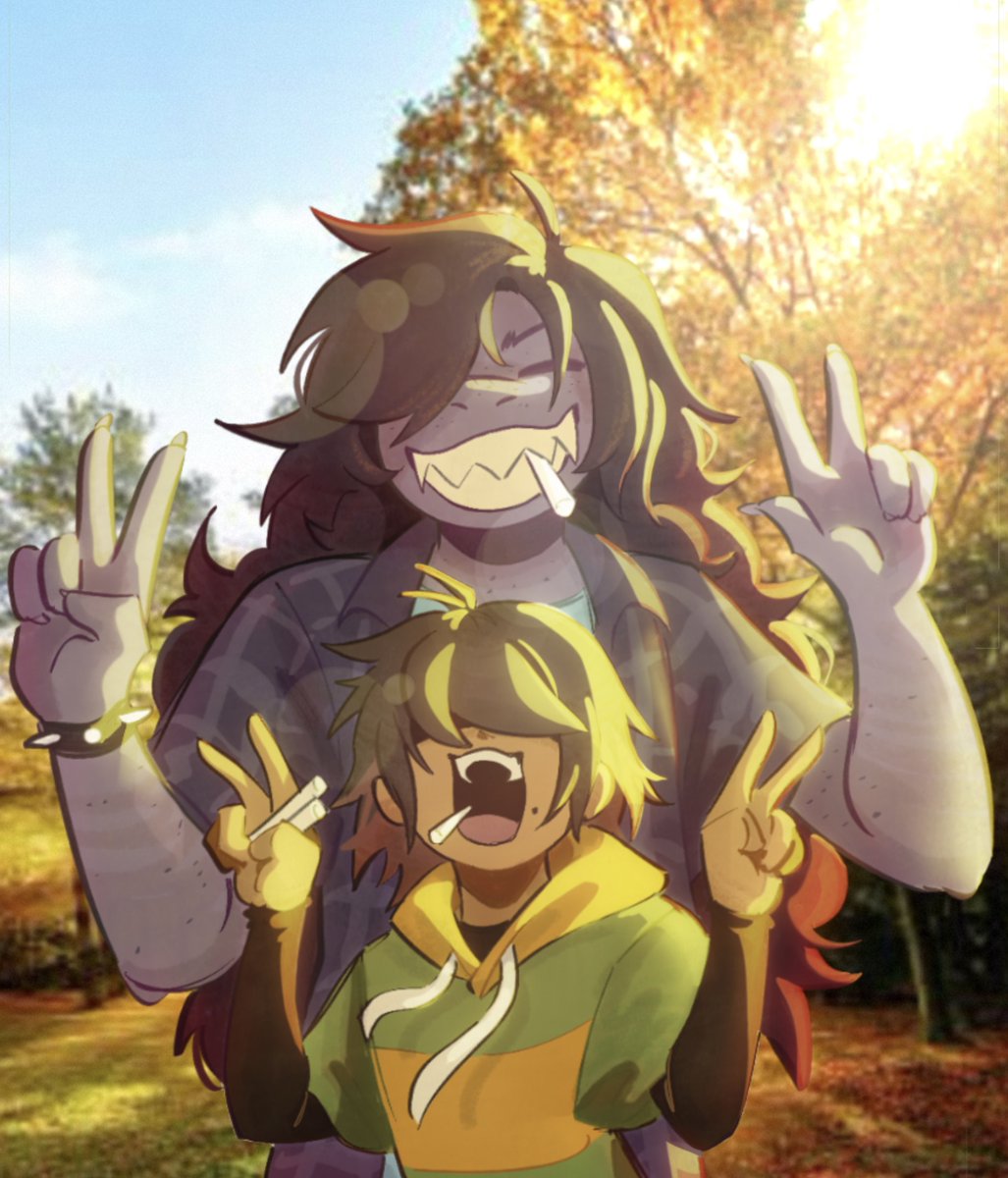 1girl, 1other, black_shirt, cherriinie, closed_eyes, commentary, deltarune, double_v, english_commentary, furry, furry_female, green_hoodie, grin, hair_over_eyes, highres, hood, hoodie, kris_(deltarune), mole, mole_under_mouth, open_mouth, purple_shirt, shirt, smile, susie_(deltarune), tree, utdr_(toby_fox), v, w