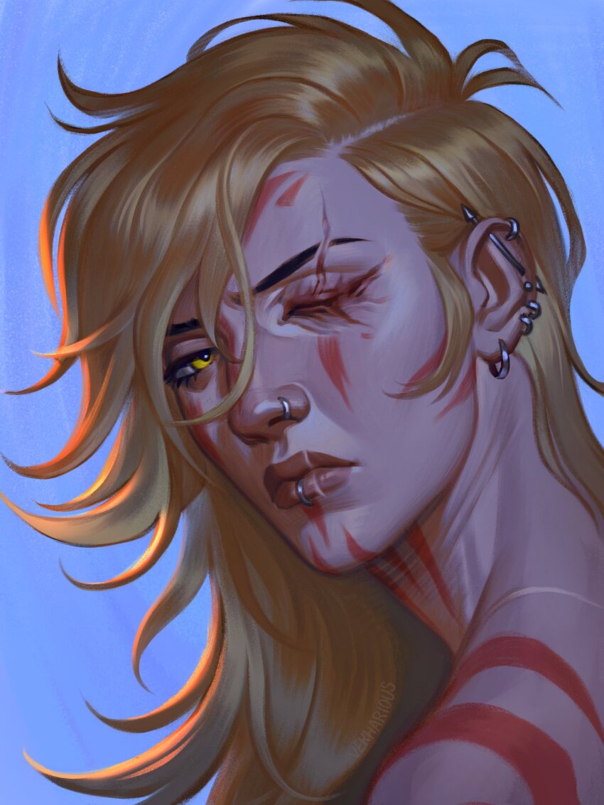 1girl, absurdres, blonde_hair, blue_sky, day, earrings, face_piercing, highres