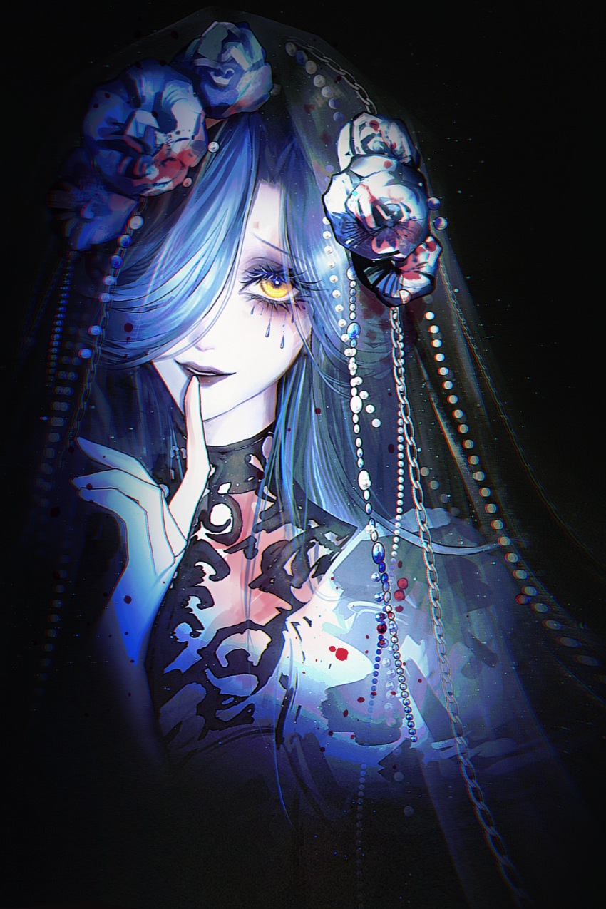 1girl, absurdres, asymmetrical_bangs, black_background, blood, blood_in_hair, blood_on_face, blood_on_flower, blood_splatter, blue_flower, blue_hair, blue_rose, bridal_veil, facial_mark, finger_to_mouth, flower, graves_(path_to_nowhere), grey_lips, hair_flower, hair_ornament, highres, light_particles, looking_at_viewer, one_eye_covered, pale_skin, parted_lips, path_to_nowhere, pearl_hair_ornament, rose, simple_background, smile, solo, teardrop_facial_mark, upper_body, veil, yellow_eyes, yu_zhezhe