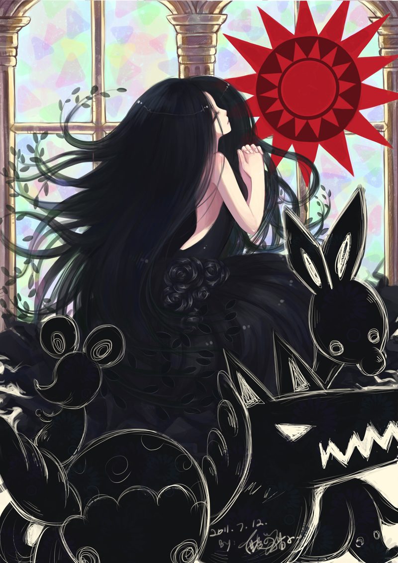 10s, 1girl, 2011, black_flower, black_hair, black_rose, dated, elsa_maria_(madoka_magica), flower, mahou_shoujo_madoka_magica, mahou_shoujo_madoka_magica_(anime), own_hands_clasped, own_hands_together, personification, praying, rose, sanmi_tenten, sebastians_(madoka_magica), signature, stained_glass, window