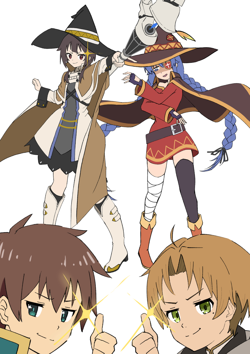 absurdres, ahoge, braid, brown_hair, cosplay, crossover, green_eyes, hat