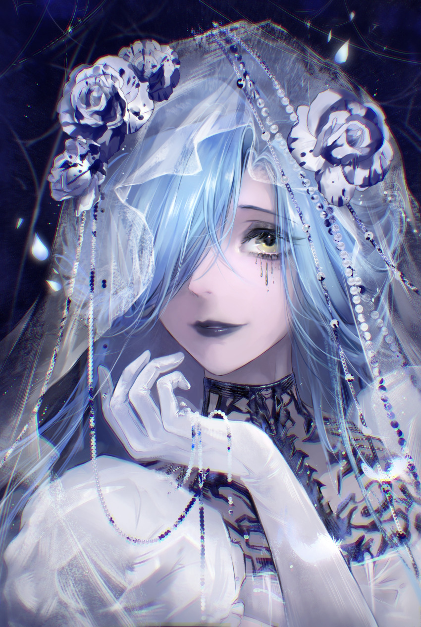 1girl, absurdres, blue_hair, blue_lips, bridal_veil, chinese_commentary, chromatic_aberration, commentary, dress, eyeliner, feathers, flower, gem, gloves, graves_(path_to_nowhere), hair_flower, hair_ornament, hair_over_one_eye, highres, ko_no_maoyu_da, looking_at_viewer, makeup, mascara, one_eye_covered, parted_lips, path_to_nowhere, pearl_(gemstone), pearl_hair_ornament, rose, runny_makeup, see-through_clothes, see-through_veil, smile, solo, upper_body, veil, wedding_dress, white_dress, white_feathers, white_flower, white_gloves, white_rose, yellow_eyes