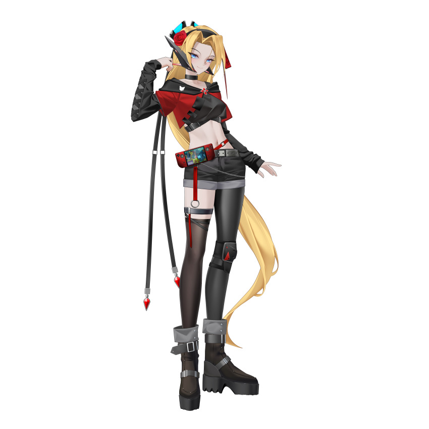 1girl, abs, absurdres, alternate_costume, asymmetrical_legwear, belt, blonde_hair, blue_eyes