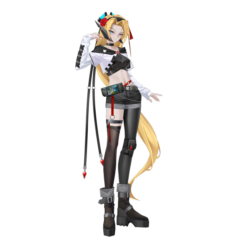 1girl, abs, absurdres, alternate_costume, asymmetrical_legwear, belt, blonde_hair, blue_eyes