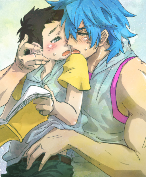 10s, 2boys, black_hair, blue_hair, blush, book, kiss, komatsu_(toriko), male_focus, multiple_boys, short_hair, toriko_(series), toriko_(toriko), yaoi