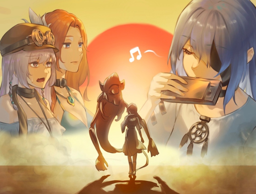 1other, 3girls, bare_shoulders, belt_collar, blue_eyes, blue_hair, braid, brown_hat