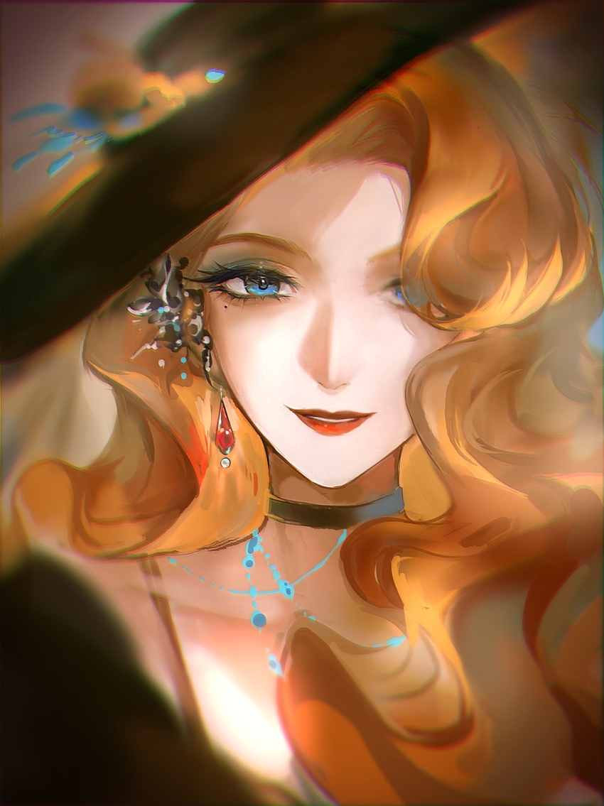 1girl, alternate_hairstyle, black_choker, black_hat, blue_eyes, catvnuf, chinese_commentary, choker