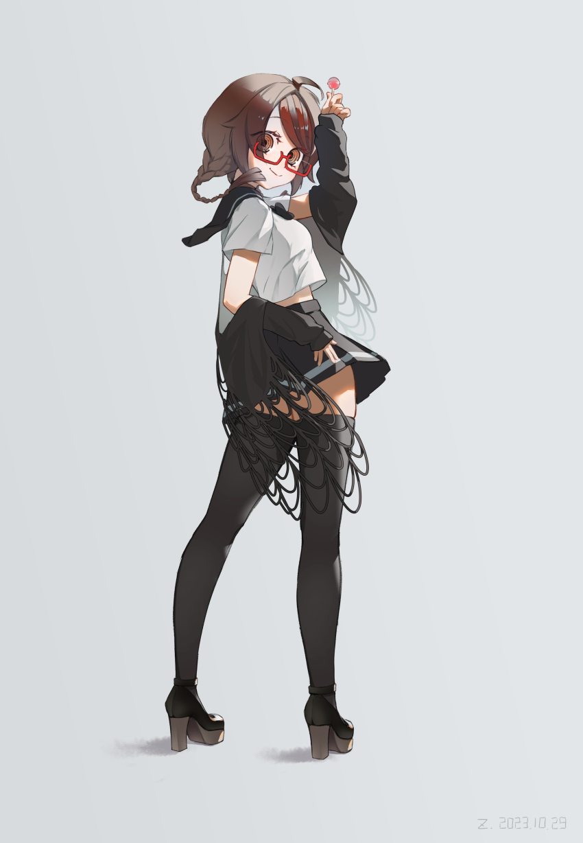 1girl, absurdres, ahoge, black_jacket, black_sailor_collar, black_shoes, black_skirt, black_thighhighs