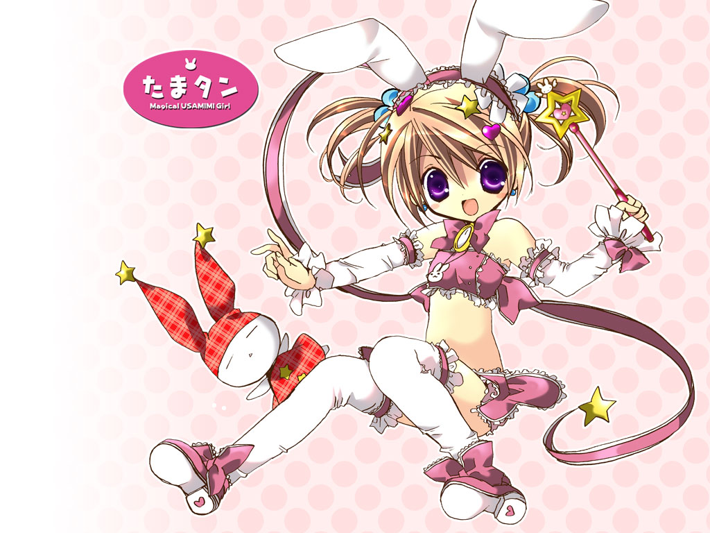 1girl, animal_ears, bad_id, bad_pixiv_id, brown_hair, doki_doki!_tama-tan, earrings, female_focus, hair_ornament, hairclip, jewelry, koge_donbo, magical_girl, magical_usamimi_girl, purple_eyes, rabbit_ears, solo, tama-tan, thighhighs, twintails, wand, zettai_ryouiki