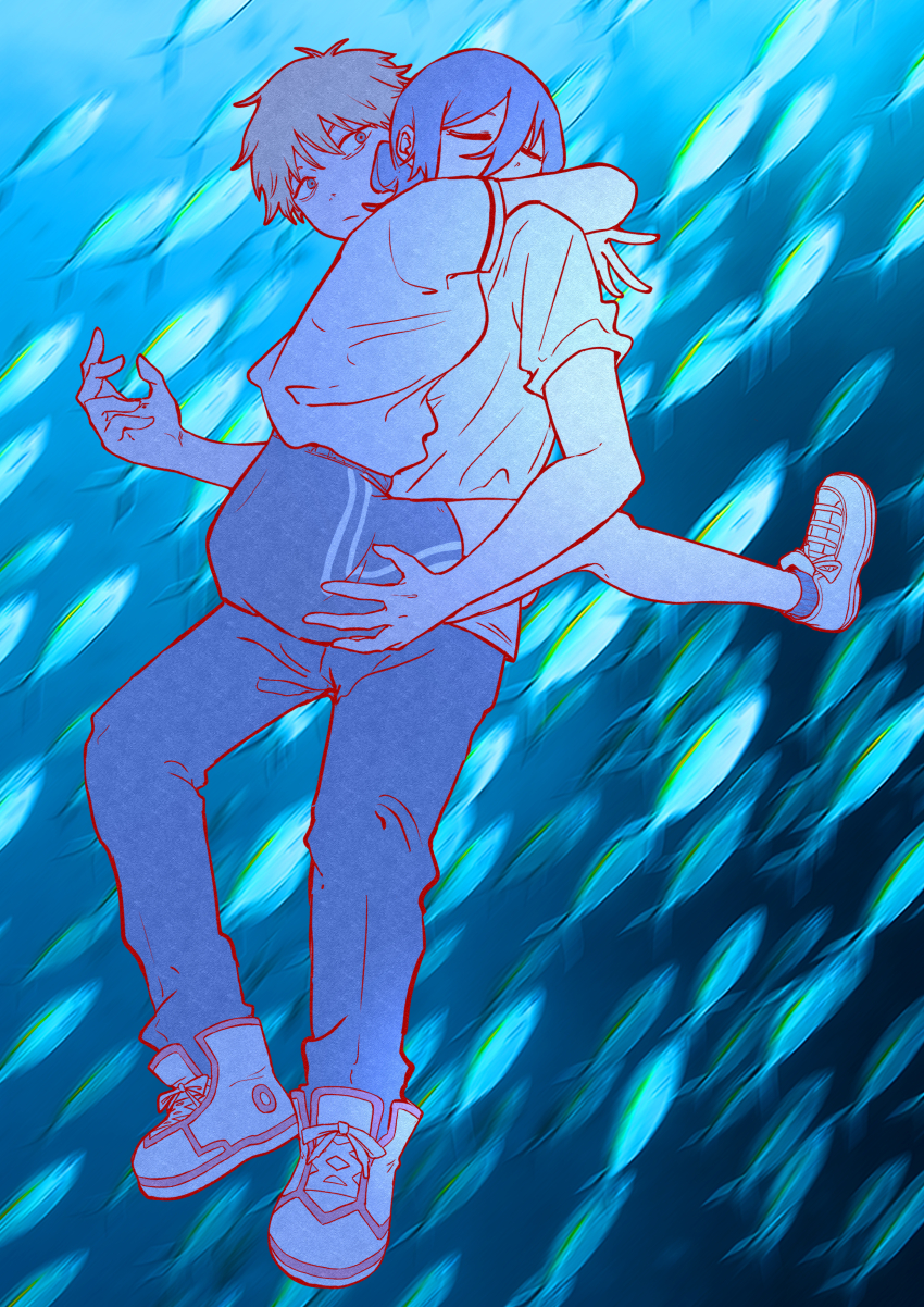 1boy, 1girl, absurdres, black_hair, blonde_hair, blue_pants, blue_shorts, chainsaw_man