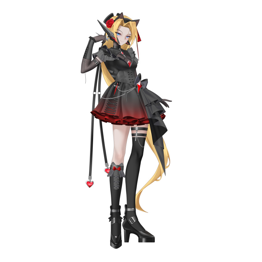 1girl, absurdres, alternate_costume, asymmetrical_legwear, blonde_hair, blue_eyes, breasts, chest_jewel