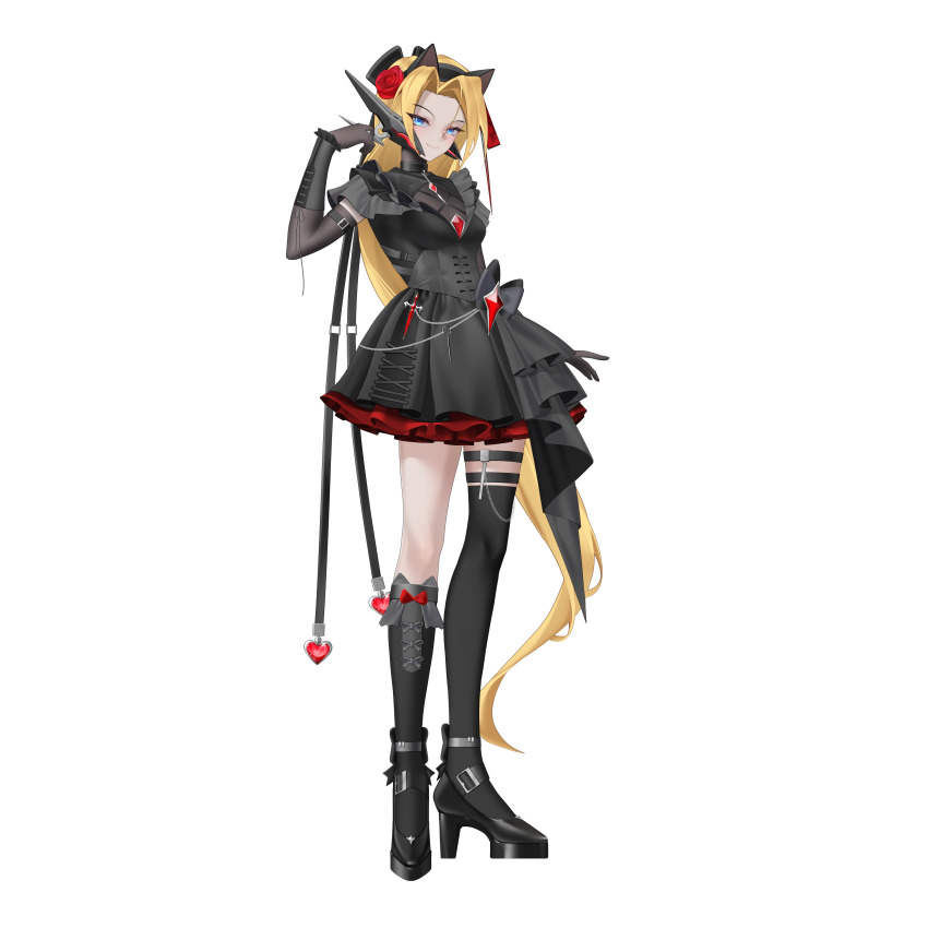 1girl, absurdres, alternate_costume, asymmetrical_legwear, blonde_hair, blue_eyes, breasts, chest_jewel