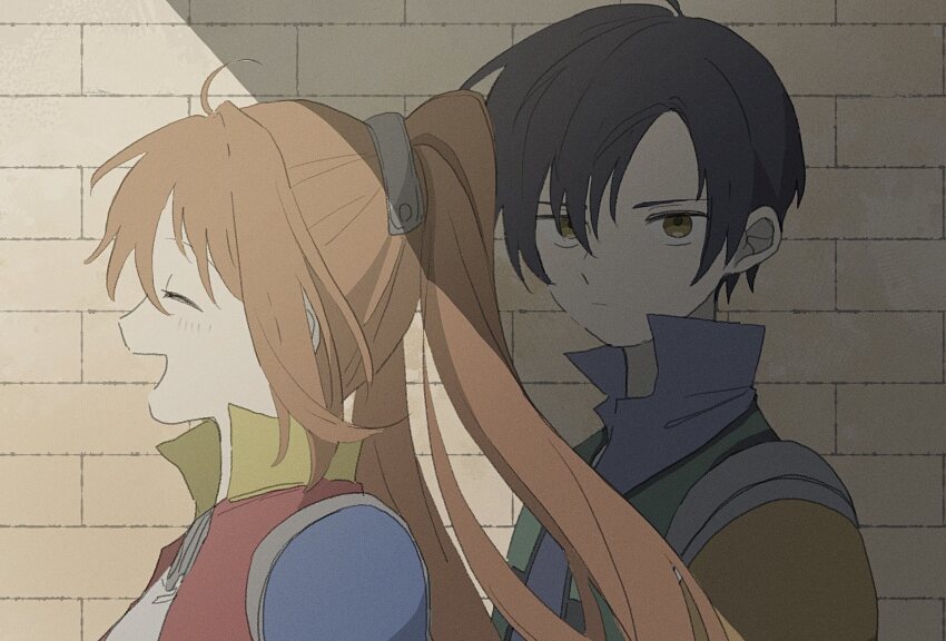 1boy, 1girl, ahoge, antenna_hair, armor, black_hair, brown_eyes, brown_hair