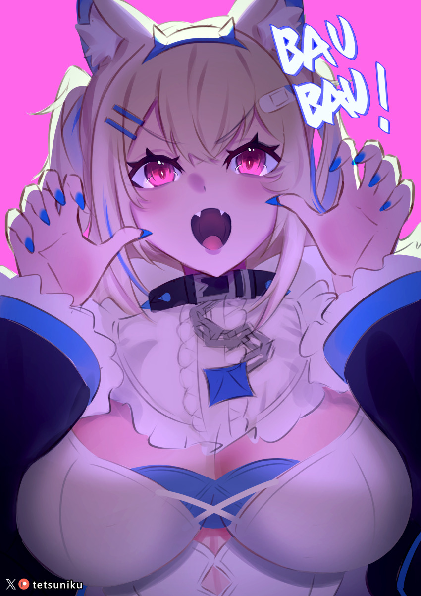 1girl, absurdres, animal_ears, blonde_hair, blue_hairband, blue_nails, blue_streaks, breasts