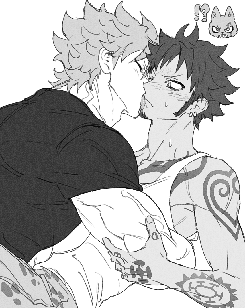 !?, 2boys, arm_tattoo, biceps, blush, closed_eyes, collarbone, commentary_request