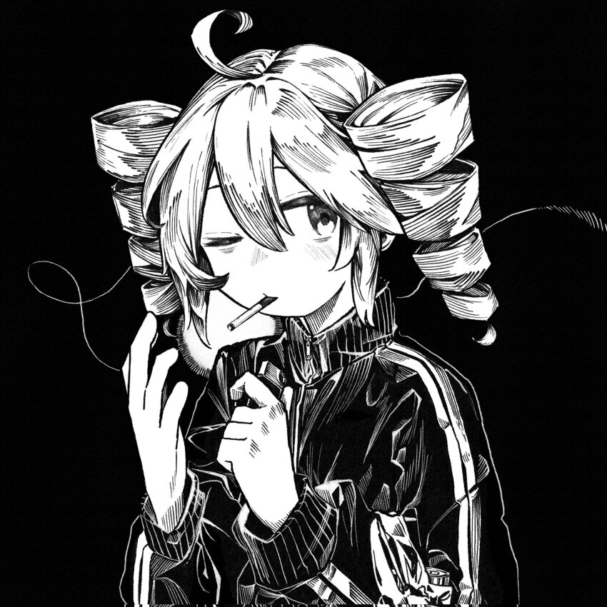 1girl, ahoge, cigarette, closed_mouth, drill_hair, greyscale, hair_between_eyes, hands_up