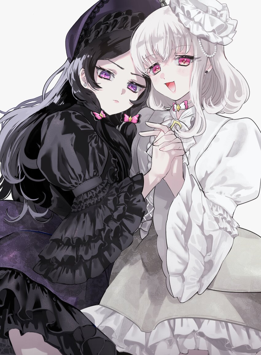 2girls, absurdres, accurate_lolita_coord, asako_(itiba), black_dress, black_hair, blonde_hair, blunt_bangs