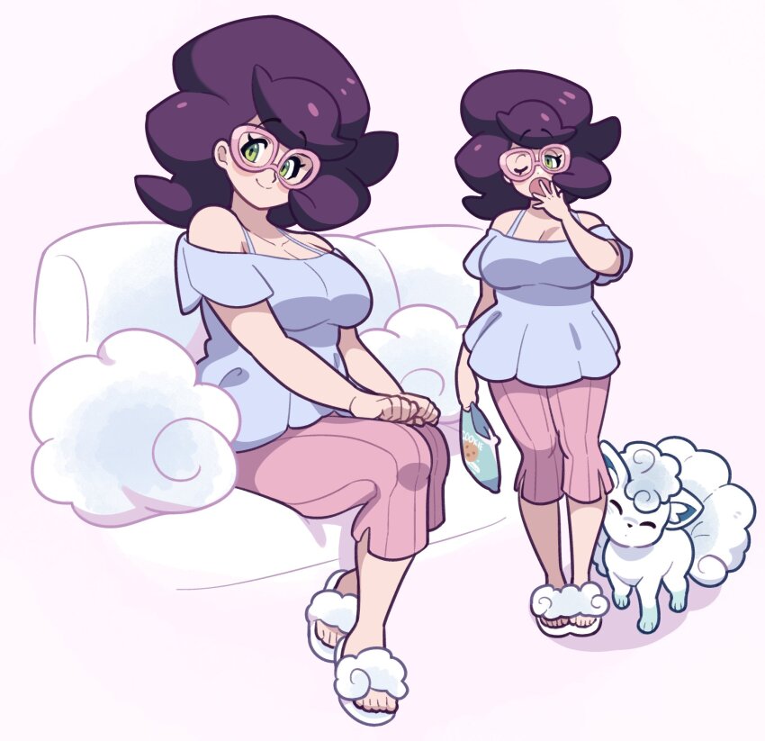 1girl, 2024_pokemon_teraleak, alolan_form, alolan_vulpix, bag, bag_of_cookies, bare_shoulders, big_hair, blush, blush_stickers, breasts, capri_pants, cleavage, closed_mouth, clothing_request, commentary, couch, english_commentary, eyelashes, gen_7_pokemon, glasses, green_eyes, hand_up, highres, holding, holding_bag, large_breasts, looking_at_viewer, loungewear, loveycloud, mature_female, multiple_views, nintendo, on_couch, one_eye_closed, pants, pink-framed_eyewear, pink_background, pink_pants, pokemon, pokemon_(creature), pokemon_sun_and_moon, purple_hair, sandals, sitting, smile, standing, white_sandals, wicke_(pokemon), yawning