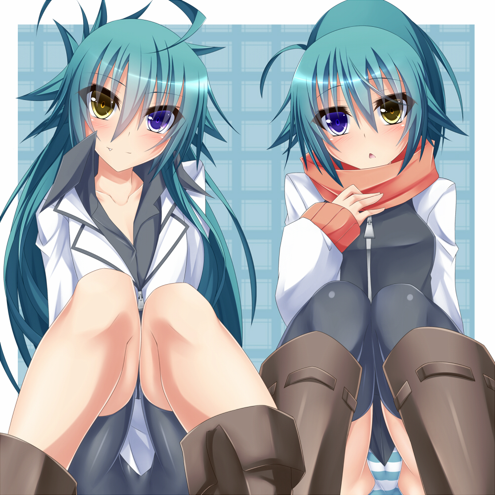2girls, bike_shorts, blue_eyes, heterochromia, leura_(suterii), leura_arcane, multiple_girls, original