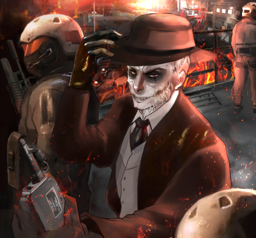 artist_request, fire, formal_clothes, gloves, gun, hat, helmet, metal_gear_(series)