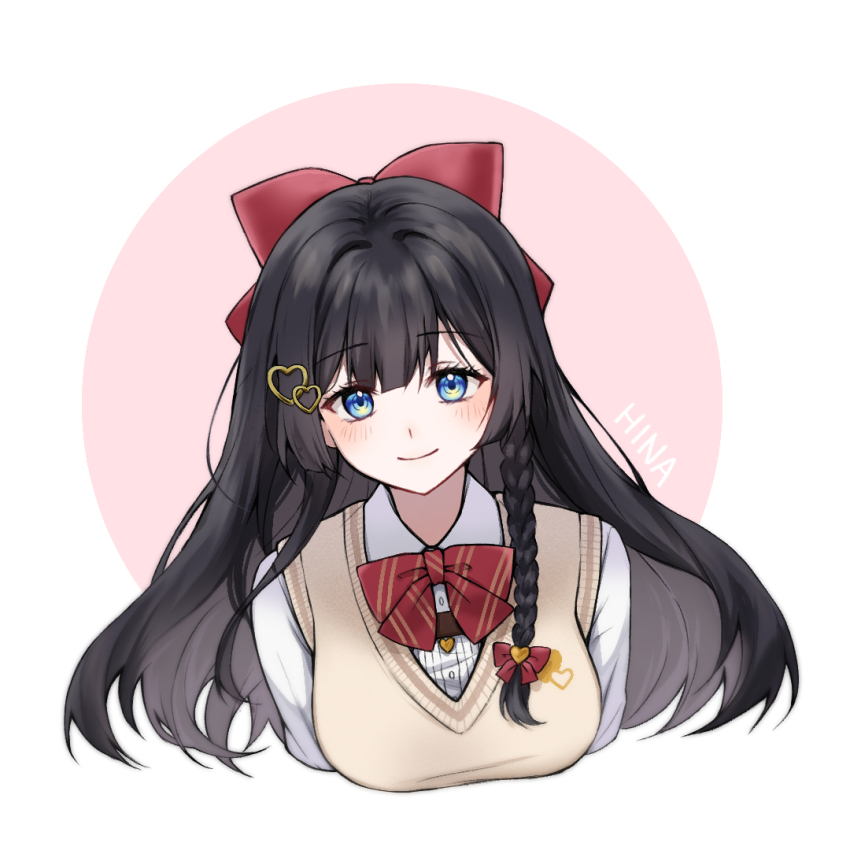1girl, black_hair, blue_eyes, blush, bow, bowtie, braid, braided_sidelock