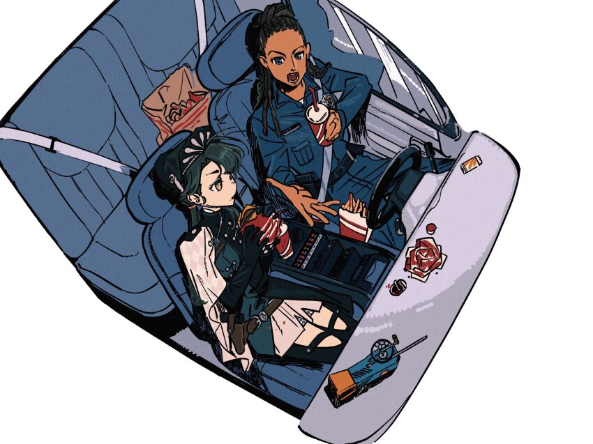 2girls, bag, beret, black_boots, black_dress, black_gloves, black_hair, blue_eyes