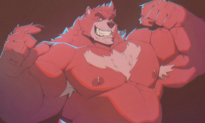 1boy, animal_ears, armpit_hair, armpits, bakemono_no_ko, bara, bear_boy, bear_ears, belly, biceps, claws, commentary, english_commentary, fangs, flexing, furry, furry_male, grin, highres, kumatetsu, looking_at_viewer, male_focus, mr_nellory, muscular, muscular_male, nipples, pectorals, red_fur, signature, smile, topless_male, upper_body