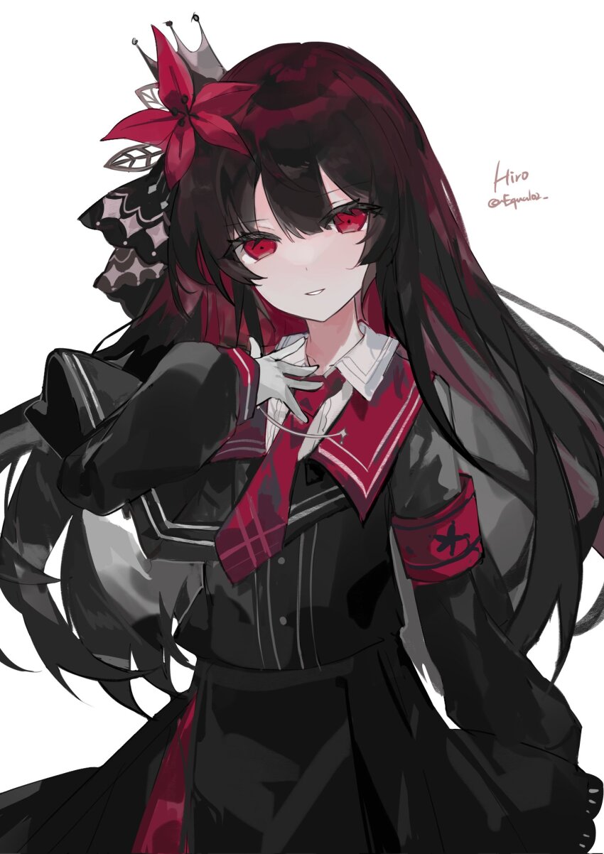 1girl, armband, black_dress, black_hair, crown, dress, equal02, flower