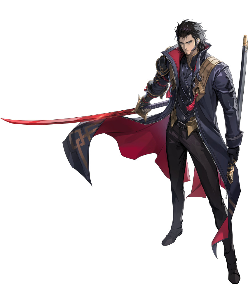 1boy, absurdres, black_hair, black_pants, black_shoes, coat, full_body, goto_ryuji, highres, holding, holding_sword, holding_weapon, looking_at_viewer, official_art, open_clothes, open_coat, pants, shoes, short_hair, simple_background, solo, solo_leveling, solo_leveling:_arise, sword, transparent_background, weapon