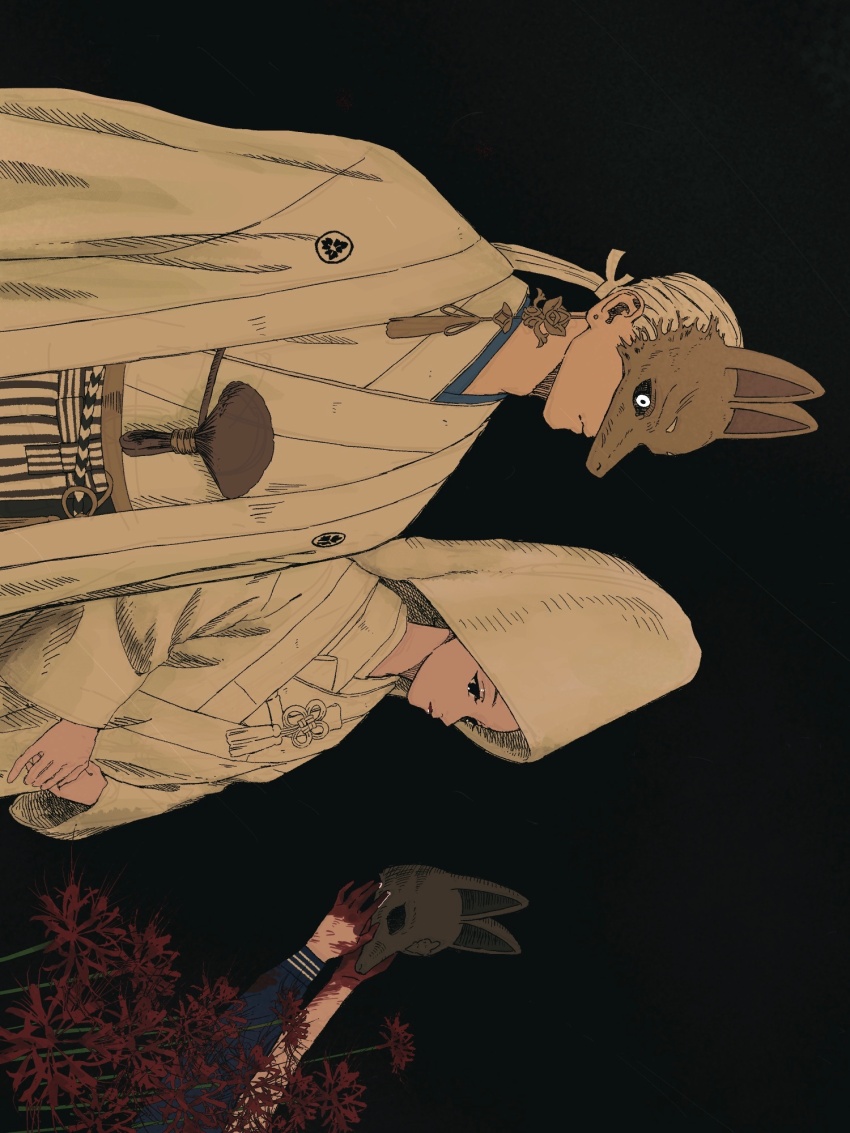 1boy, 2girls, black_sclera, colored_sclera, earrings, flower, fox_hinako, fox_mask