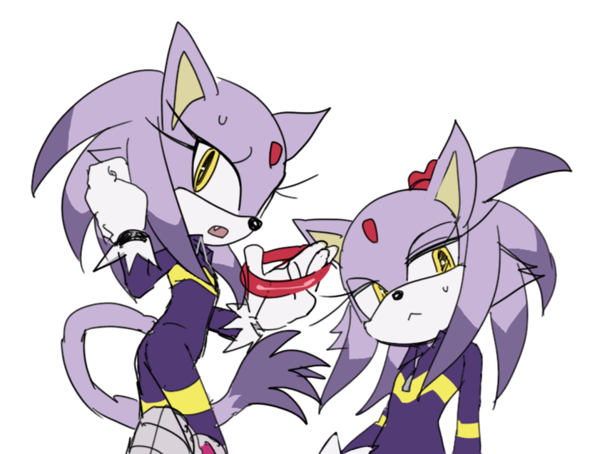 1girl, animal_ears, blaze_the_cat, blaze_the_cat_(riders), bodysuit, cat_ears, cat_girl, cat_tail, closed_mouth, dochisukiovo, eyelashes, fang, forehead_jewel, furry, furry_female, gloves, hair_down, hair_tie, holding, holding_hair_tie, multiple_views, official_alternate_costume, open_mouth, purple_bodysuit, sonic_(series), sonic_riders_(series), sweatdrop, tail, untying, untying_hair, white_background, white_gloves, yellow_eyes