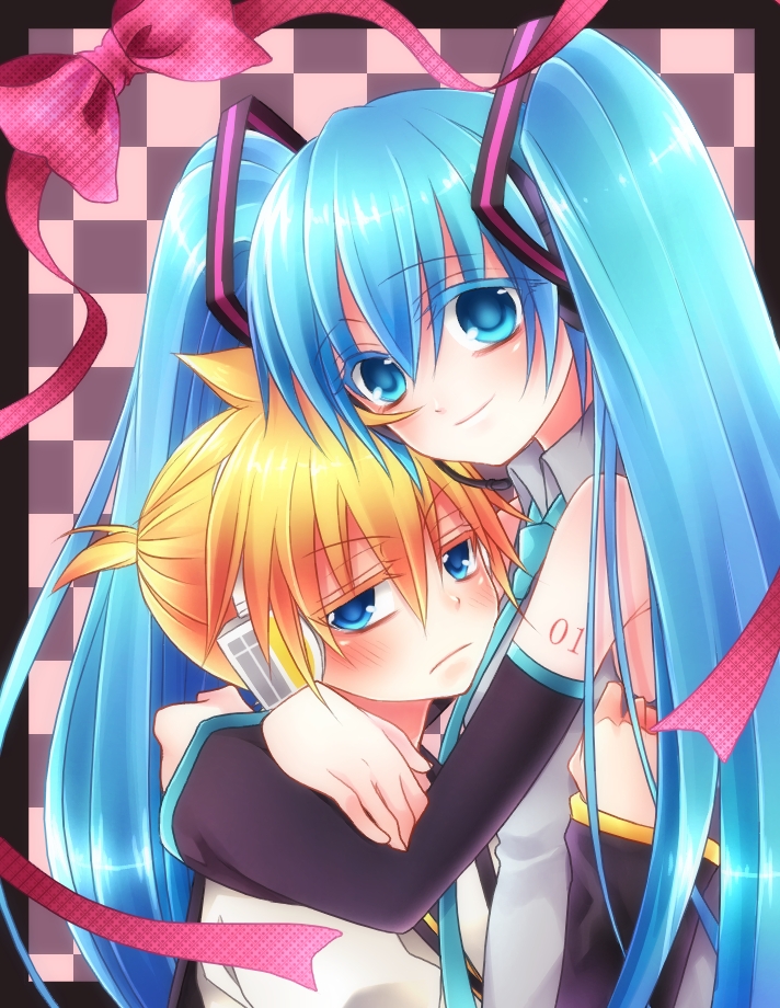 blonde_hair, blue_eyes, blue_hair, blush, couple, hatsune_miku, hug, kagamine_len