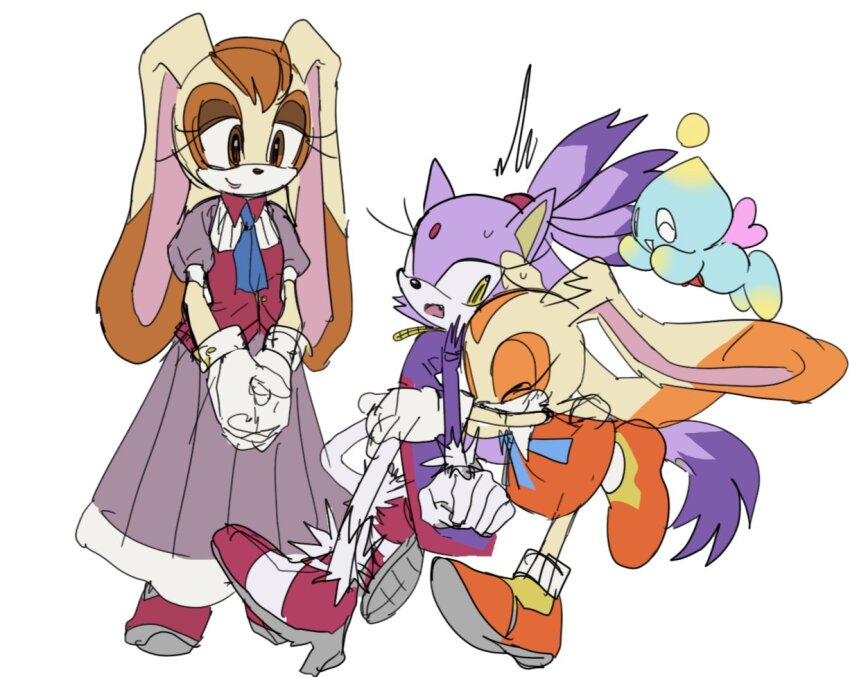3girls, animal_ears, blaze_the_cat, brown_eyes, cat_ears, cat_girl, cat_tail, cheese_(sonic)