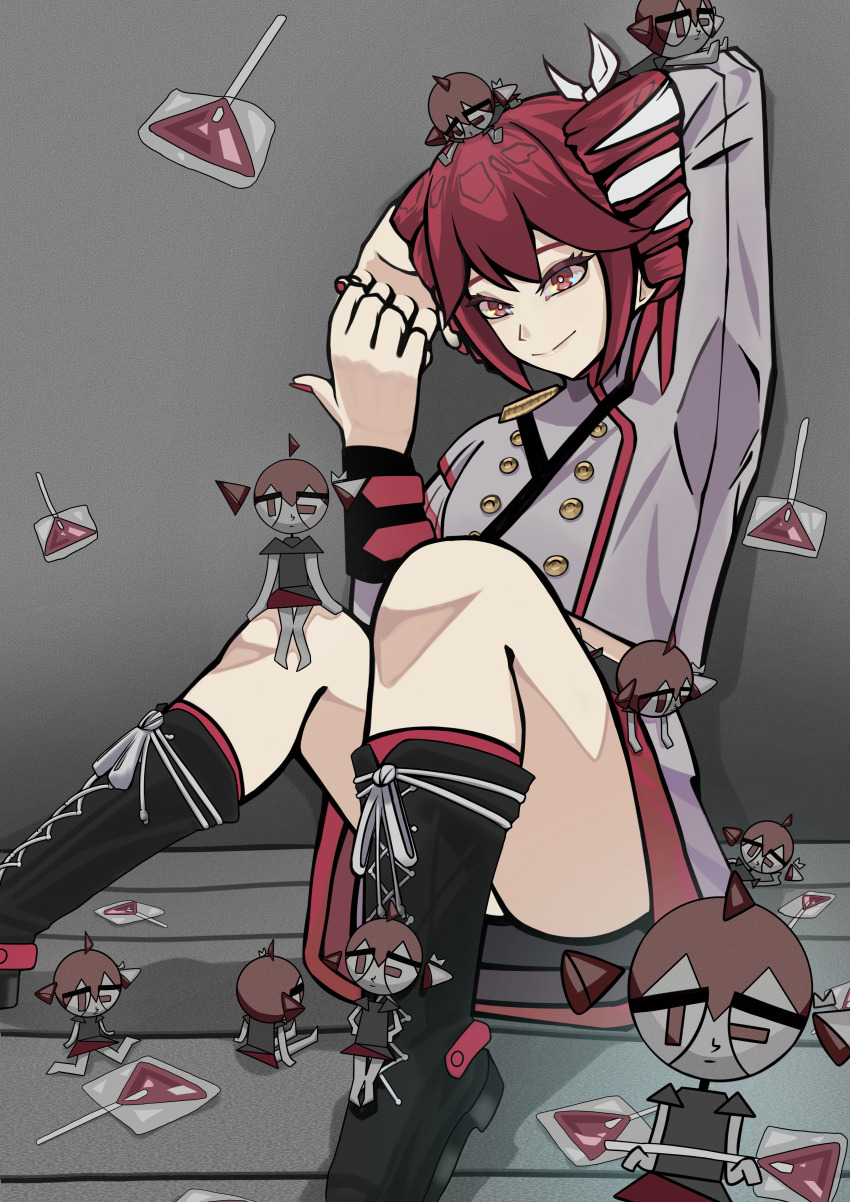 1girl, absurdres, boots, buttons, candy, chibi, doomer_(synthesizer_v), drill_hair, food, gulacossa_222, highres, kasane_teto, kasane_teto_(sv), lollipop, looking_at_viewer, red_eyes, red_hair, solo, twin_drills, vocaloid