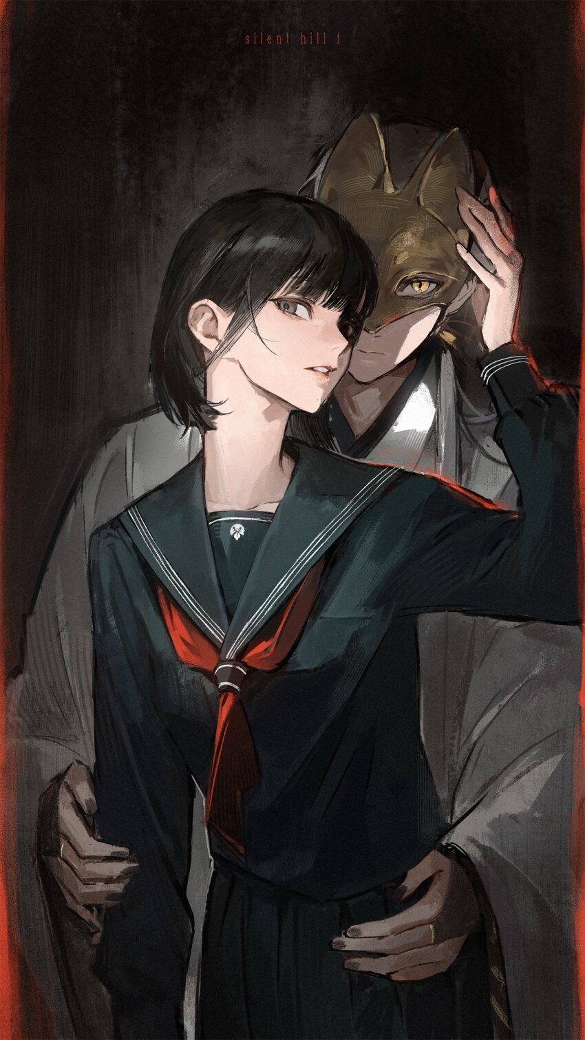 1boy, 1girl, black_sailor_collar, black_serafuku, earrings, fox_mask, fox_mask_(silent_hill), highres